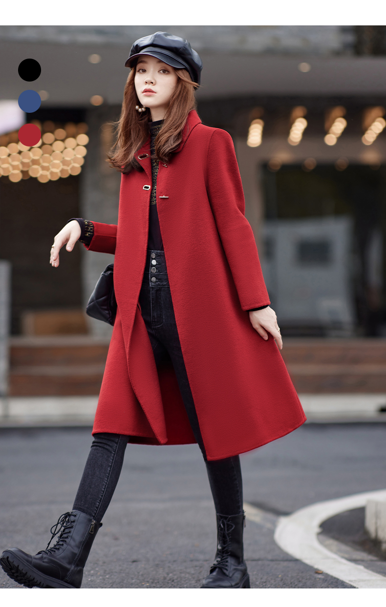 红色双面羊绒长款毛呢大衣女冬季时尚韩版小个子厚款呢子风衣外套