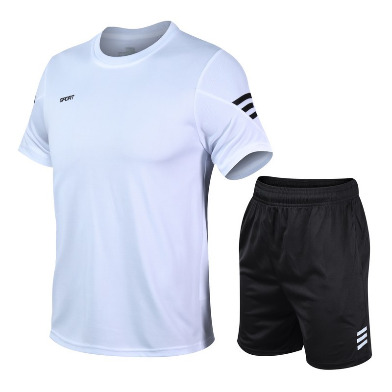 夏季男士健身房运动套装速干吸汗透气薄款宽松短袖短裤健身跑步服 白色 M