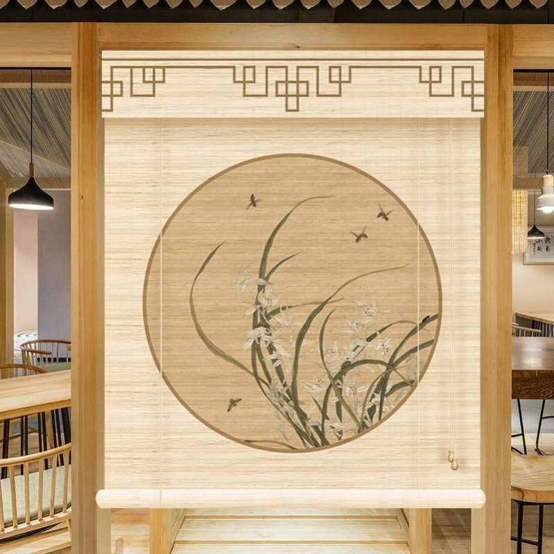 窗帘风景画 简易屏风帘遮挡窗帘风景画拉帘竹帘墙面装饰卷帘客厅日式