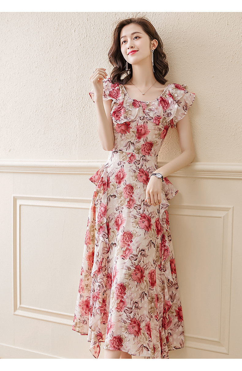 rhuh轻奢潮牌女装雪纺碎花连衣裙女夏2021年新款夏季薄款法式收腰气质