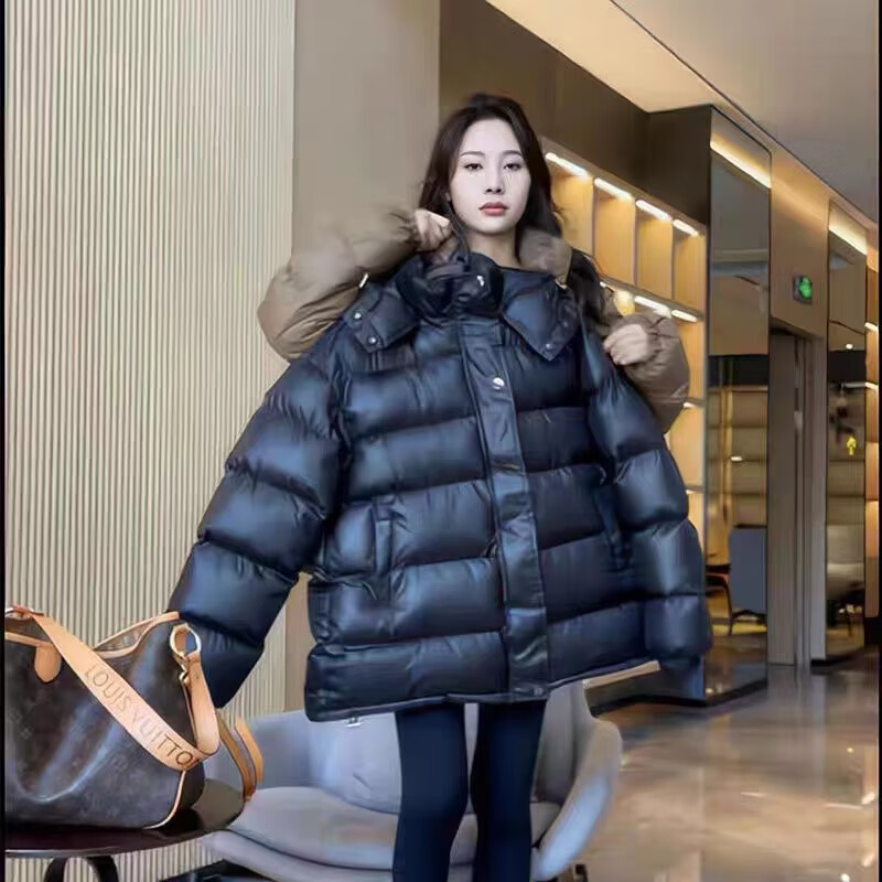 梦婷家棉服女简约风保暖面包服外套2022冬新款加厚外套 黑色中长款 m