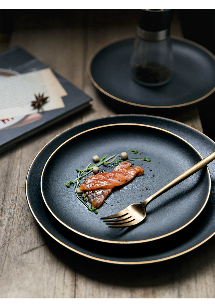 北欧金边牛排盘意面盘点心盘家用平盘子磨砂陶瓷餐具 金边8英寸盘