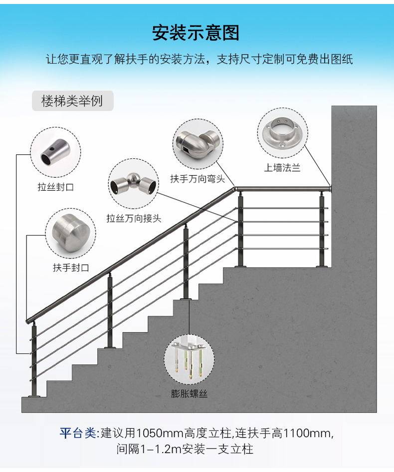 现代欧式不锈钢楼梯扶手护栏阁楼阳台栏杆自装围栏飘窗卡玻璃立柱