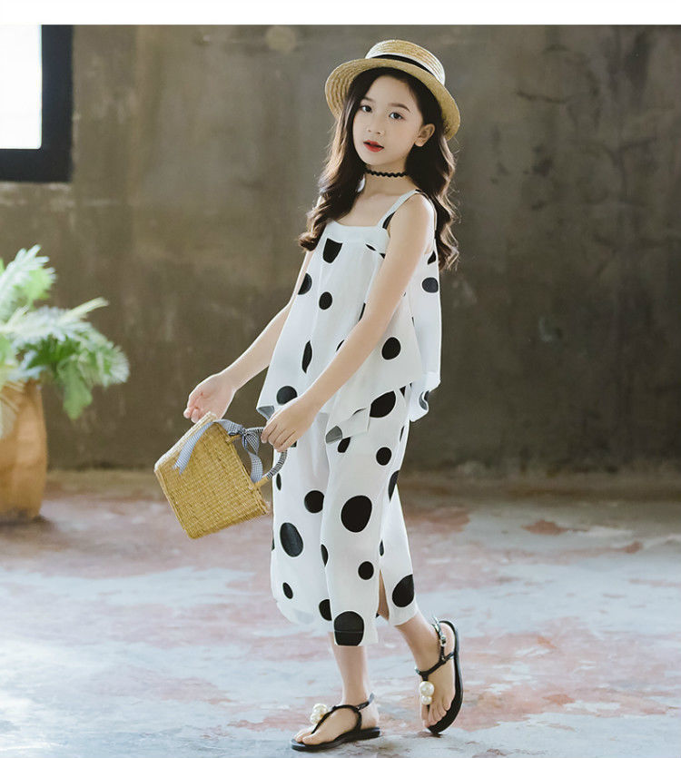 女孩薄款宽松休闲外出服洋气韩版儿童小孩衣服网红时髦雪纺两件套白色