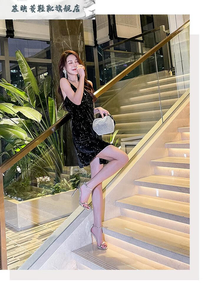 12cm高跟鞋床上女王情趣一字带扣凉鞋女夏季名媛性感银色12c超细跟