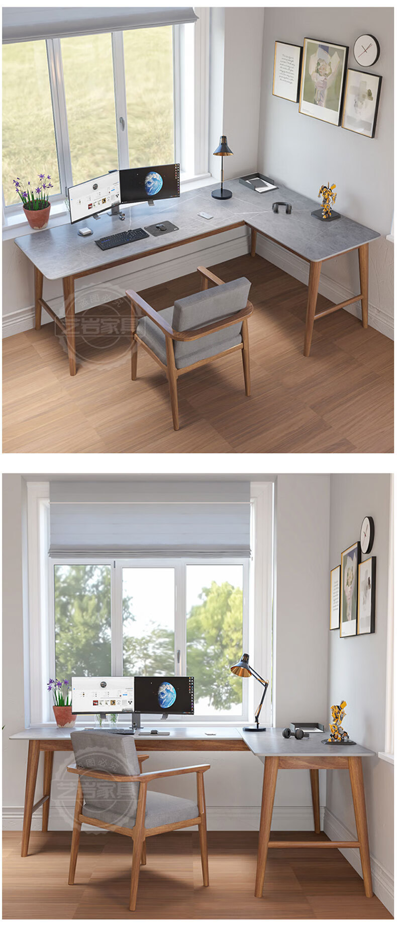 墙角学习桌 北欧转角实木书桌墙角拐角岩板角落写字台家用现代l型电脑