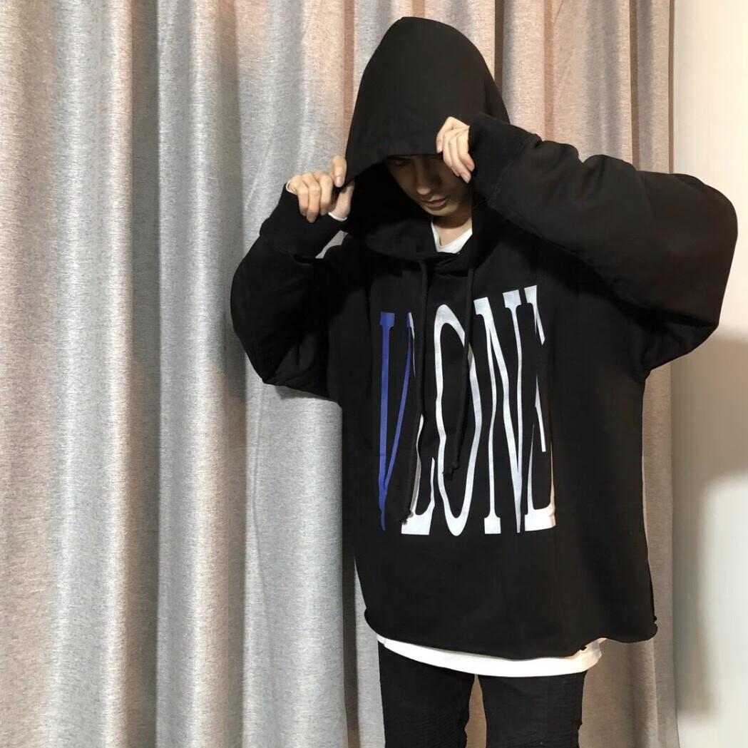 vlone卫衣男女同款oversize情侣春秋长袖连帽宽松潮牌反光大v帽衫 黑