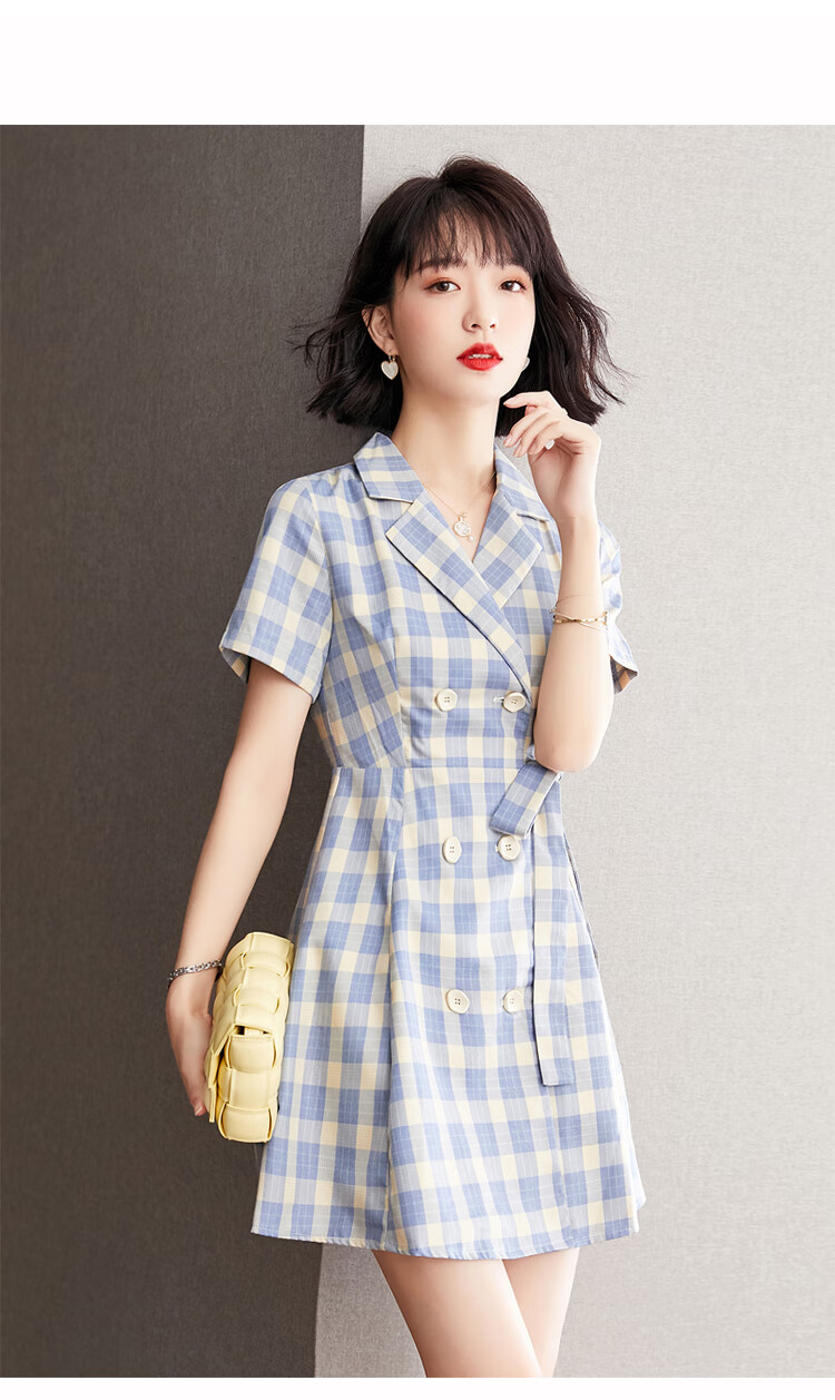 姗朴 连衣裙女格子韩版2021夏季新款时尚休闲女装中长款百搭气质宽松