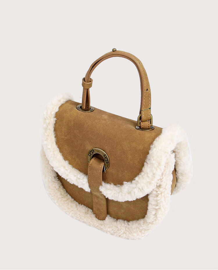 abay2021新款冬季羊羔毛包包翻毛冬天马鞍包毛绒绒单肩斜挎小包包棕色