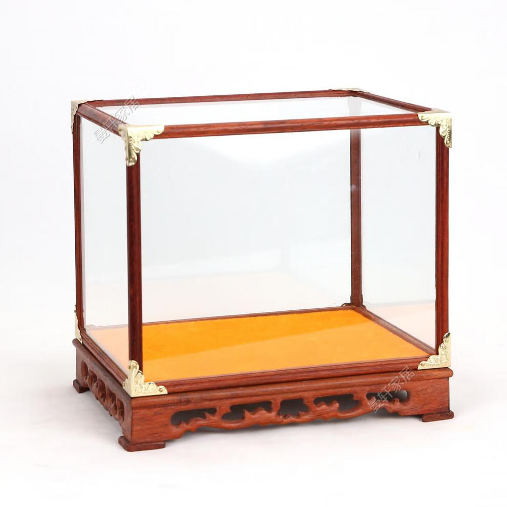 罗蒙卡帝红木雕刻玻璃罩文玩古董佛像展示防尘罩定制实木底座罩子竖款