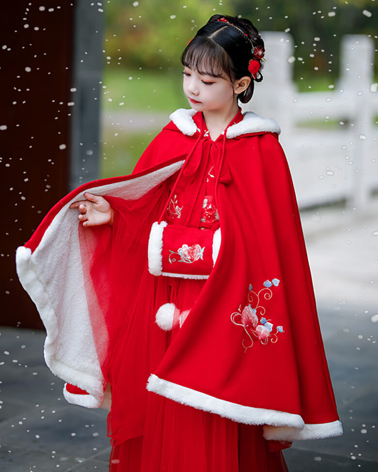 霖蒂欧女童古风披风斗篷冬款中国风汉服外搭刺绣披肩加绒加厚儿童外套