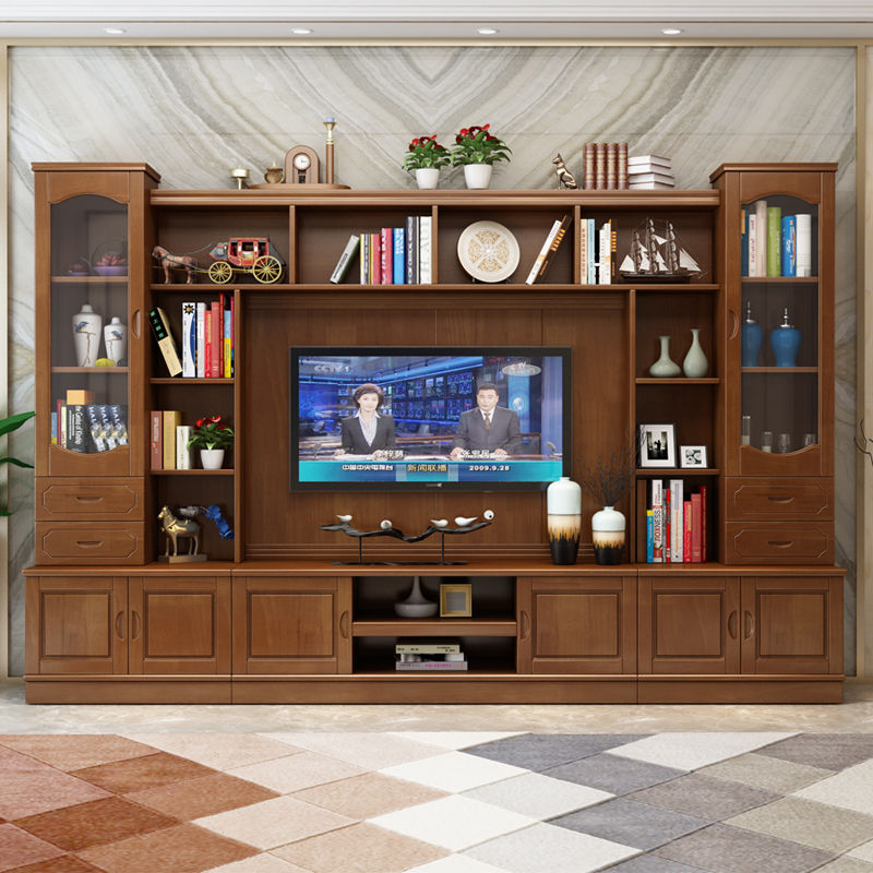 华岭实木电视柜组合墙柜客厅电视背景柜家用高款农村中式小户型多功能