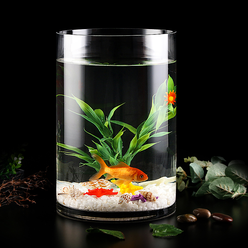 园柱形鱼缸小型桌面精致圆形玻璃鱼缸圆柱形家用客厅落地加厚鱼缸