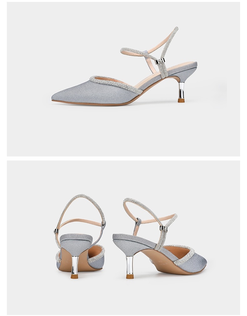 千百度女鞋2021夏季新款尖头一字扣细跟高跟鞋银色39