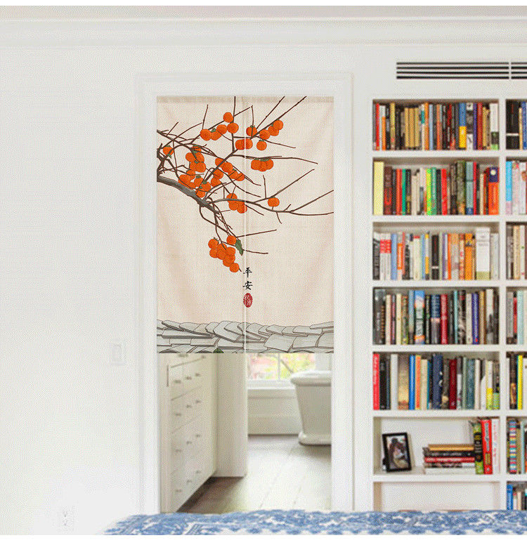 中式布艺门帘自粘免打孔魔术贴卧室厨房半截遮挡挂帘禅意隔断帘子江山