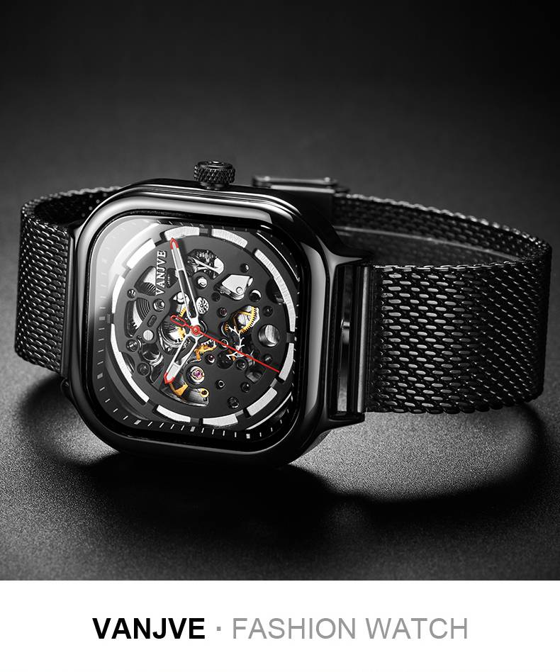 凡爵手表男机械表全自动方形黑科技新款瑞士男士手表8003玫瑰金白面棕