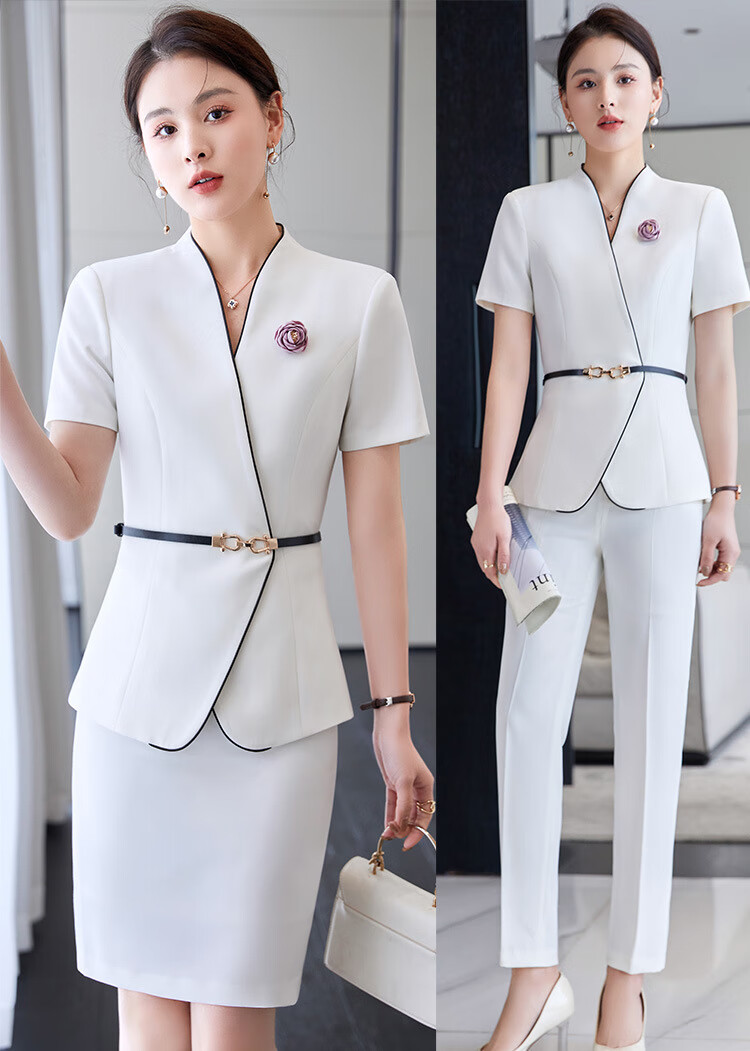 哈昱短袖西服正装女春夏季职业装套裙修身小西装酒店美容院珠宝店工装