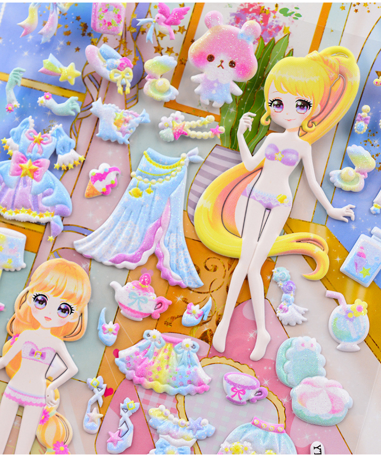 女生公主换装贴纸女孩换衣服立体泡泡贴儿童换装秀娃娃宝宝趣味粘贴画