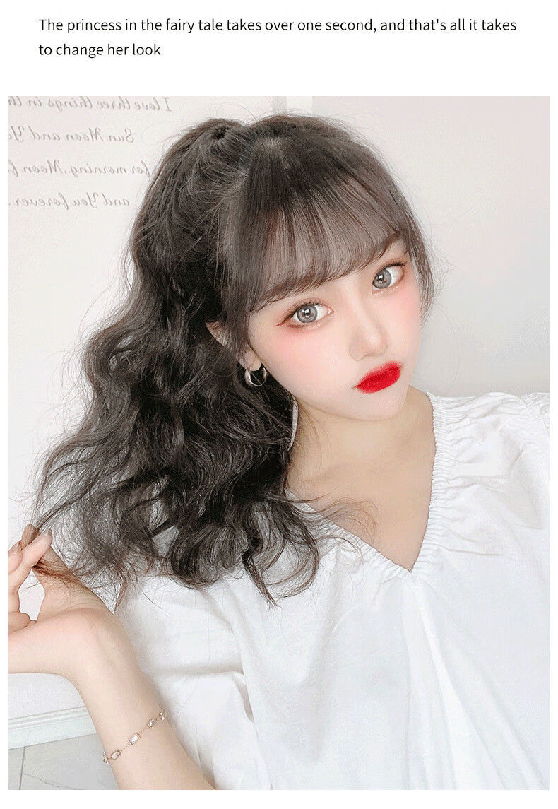 抓夹式仿真人发可扎微卷短发自然辫子qly自然黑云朵烫马尾红色蝴蝶结