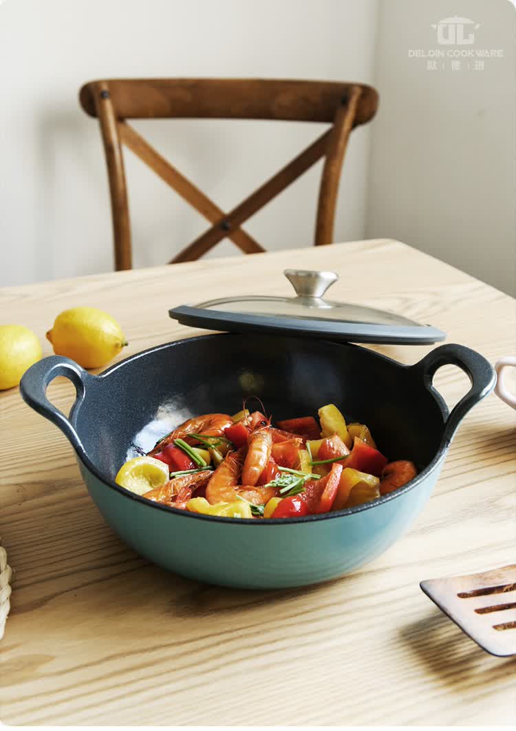 珐琅搪瓷锅双耳铸铁炒炖锅不粘锅平底家用老式炒菜锅电磁炉24cm粉色亮