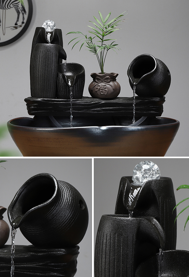 陶瓷流水器水景装饰鱼缸摆件循环增氧庭院石槽创意喷泉造景文茂 五福