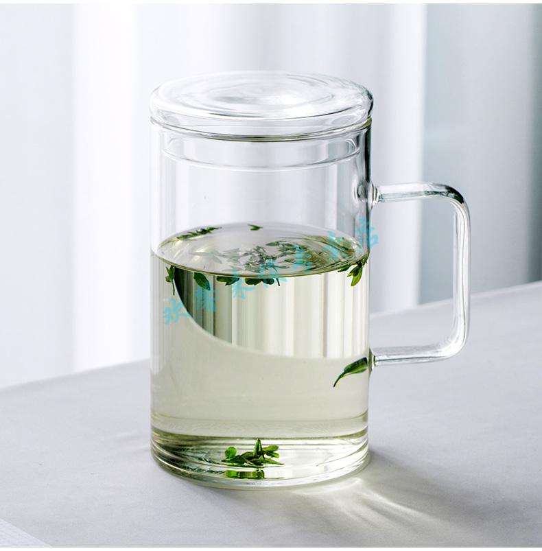 加厚耐热玻璃绿茶杯大容量办公室透明泡茶家用水杯子带把盖1000ml