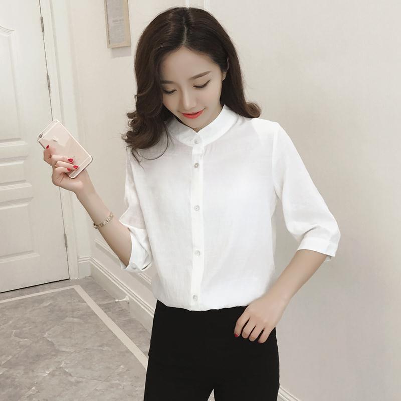 汇今美衬衫女式衬衣上衣 中袖百搭衬衫女2021春夏新款韩范立领纯色五