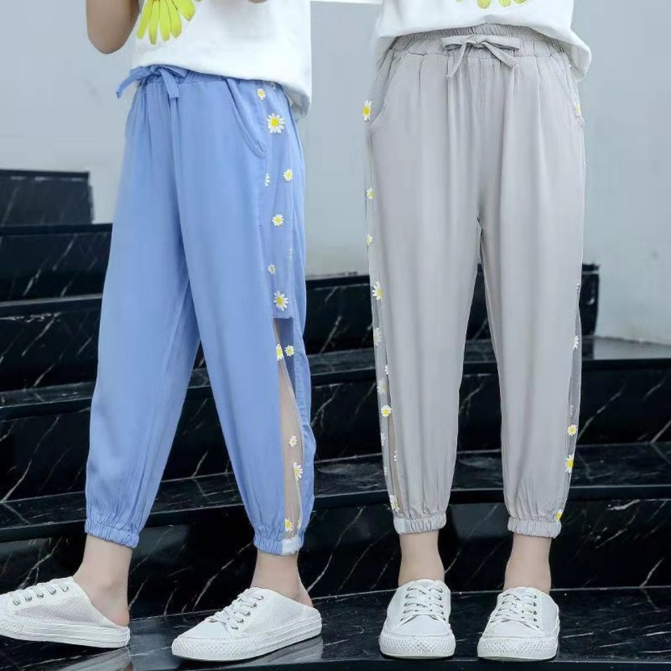 九分裤防蚊裤儿童九分裤运动裤女中大童夏装灯笼裤浅蓝色九分纱网160