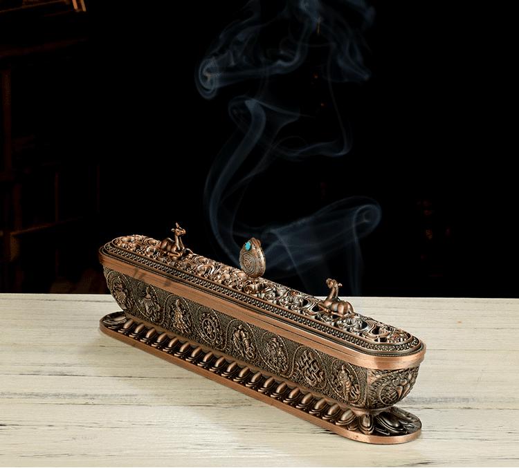 卧香盒香炉藏式室内家用卧香炉八吉祥供佛寺院合金纯铜色密宗摆件熏
