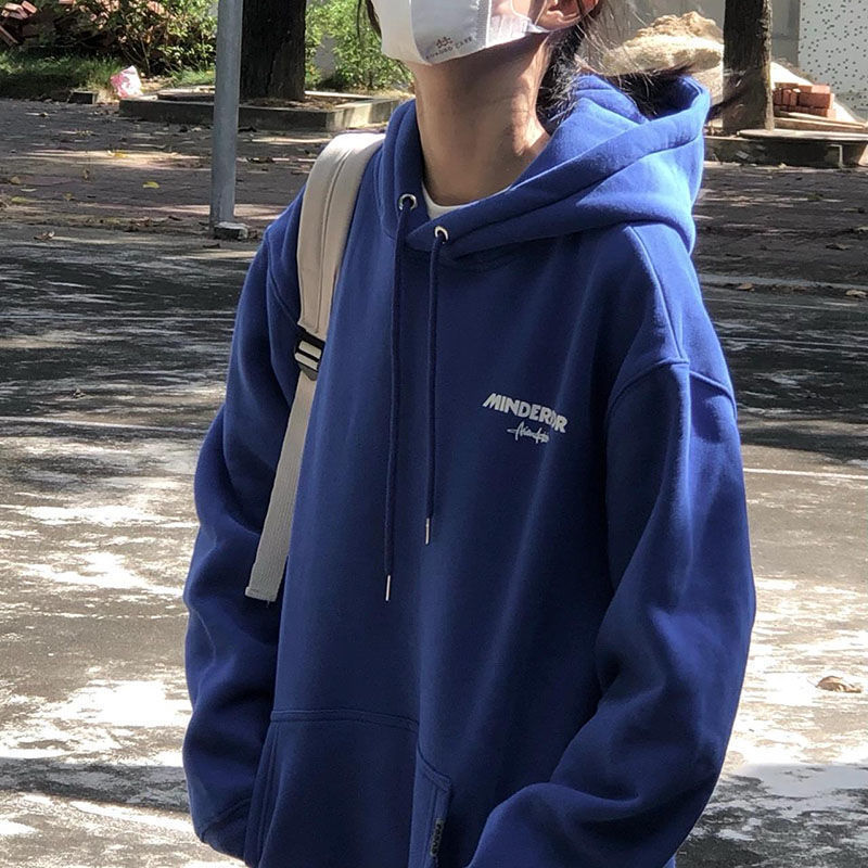 帽卫衣女克莱因蓝学生韩版宽松风长袖上衣服版蓝色加绒m建议100斤以内