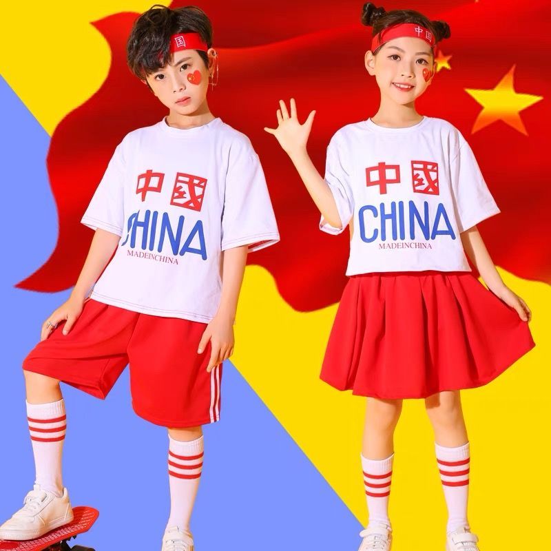 忆克萨国潮儿童t恤2021年新款大童爱国短袖男女童夏装红色衣服学生