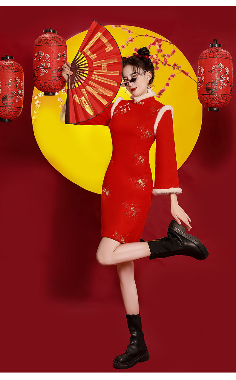 拜年服成人红色旗袍冬季冬款加厚改良短款过年小袄大人新年拜年服女装