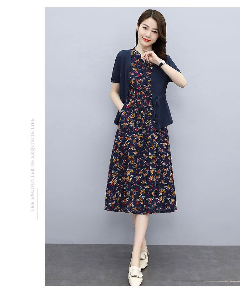 皮尔卡丹品牌高档女装套装棉麻裙子中年妈妈显瘦304050岁连衣裙夏季