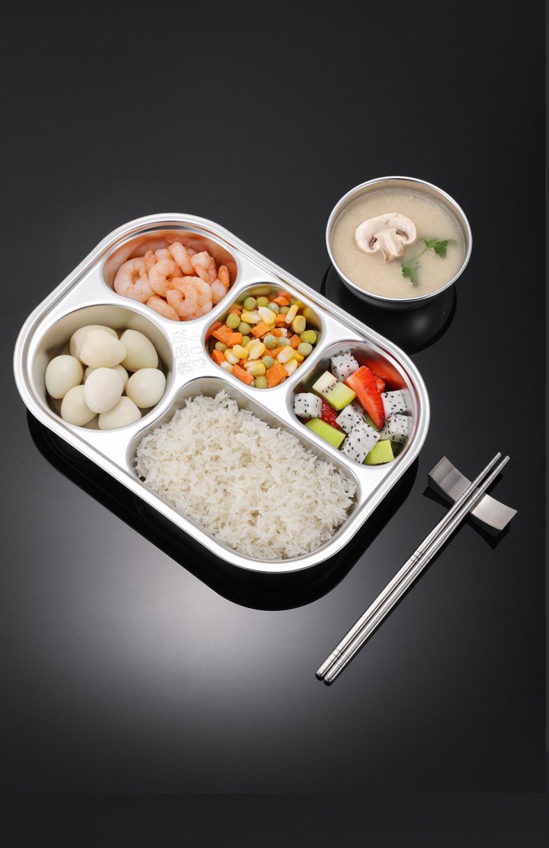 学生餐盘便携304不锈钢分格儿童幼儿园四格防摔餐盘学生食堂家用分隔