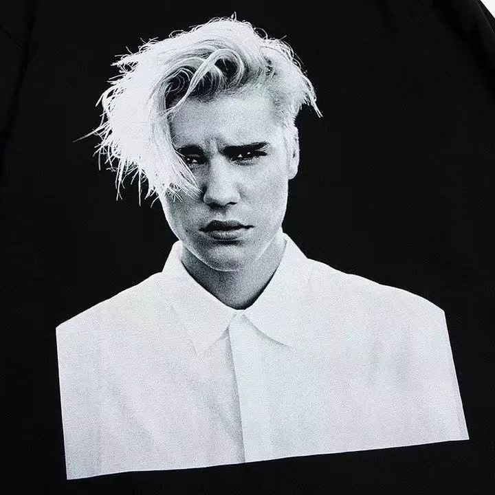 潮流美式复古贾斯汀比伯头像人像春秋卫衣男女t恤宽松情侣ins 黑色