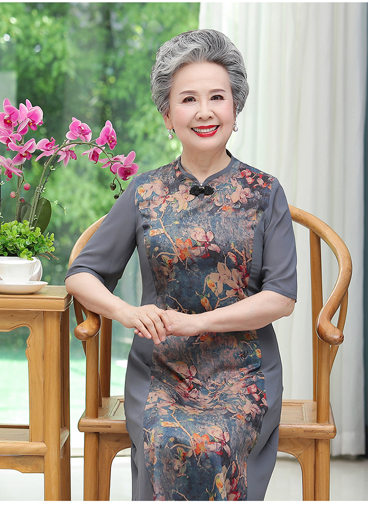 中老年人女装夏装仿真丝连衣裙桑蚕丝改良旗袍外婆老人妈妈短袖奶奶