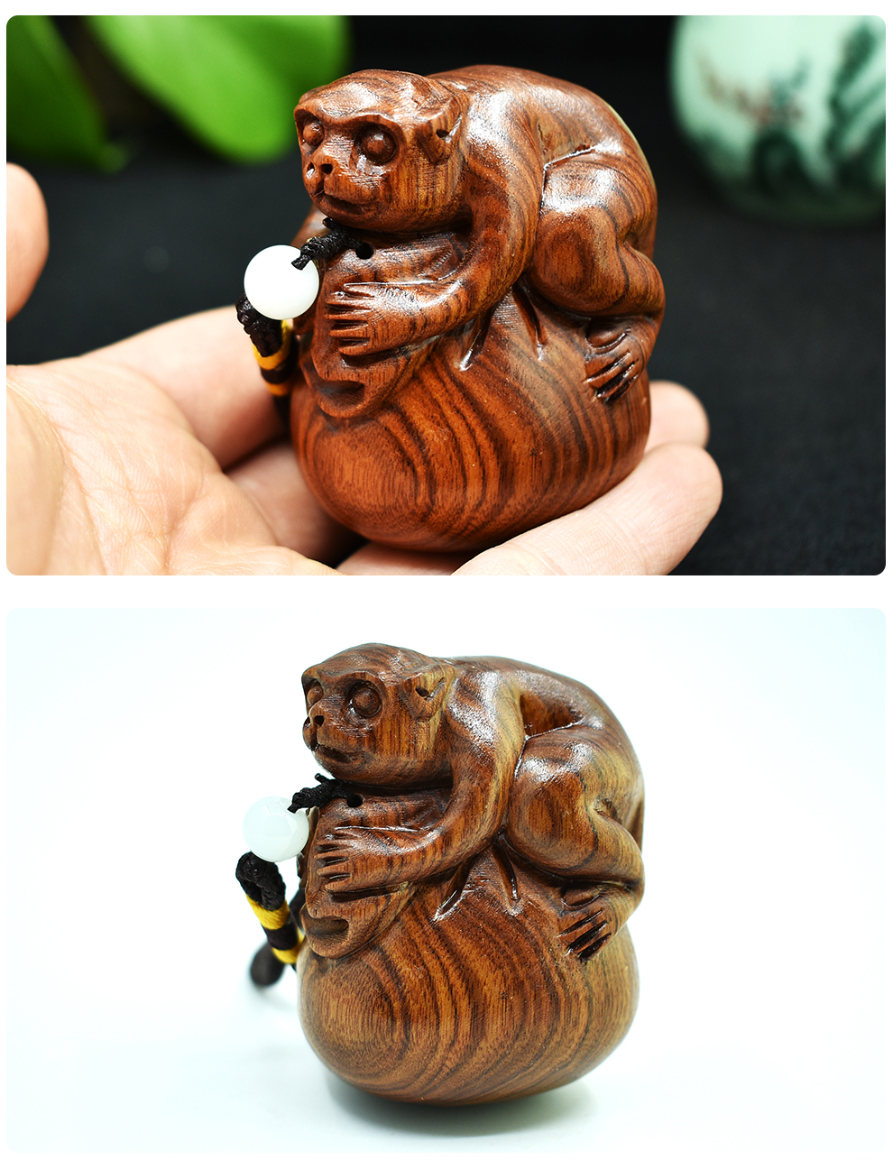 时尚配饰木手把件代代封候木雕刻大红酸枝生肖小猴子把玩文玩生日礼物