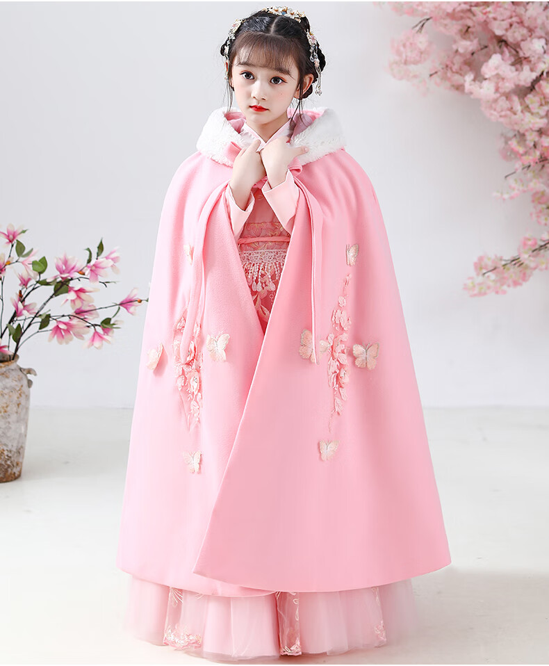 冬天加厚汉服女童秋冬新款女宝国风唐装新年拜年服儿童仙女古装斗篷冬
