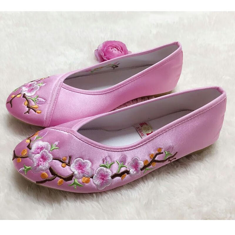 葛普 花布鞋新款小花园绣花鞋牛筋底布鞋民族风绸缎面黄色女单鞋女鞋