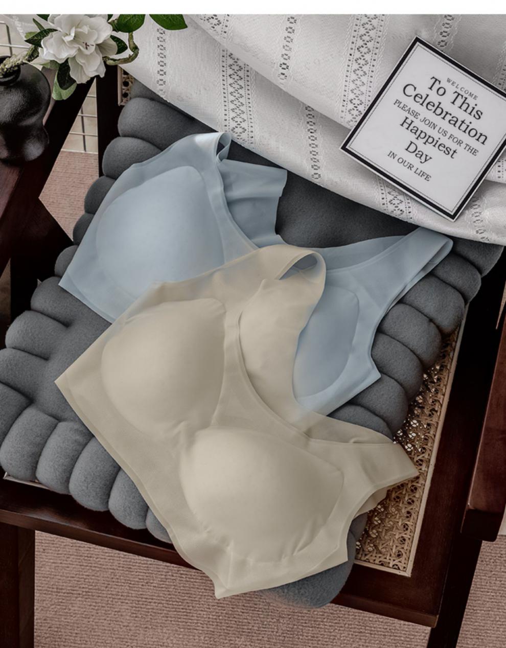 薄如蝉翼5d裸感冰纱轻薄夏无痕背心式内衣无钢圈可拆卸女士文胸水雾蓝