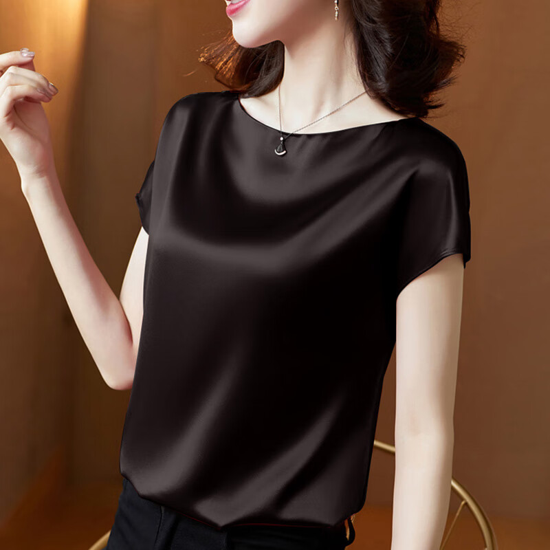 xnfs轻奢品牌女装真丝圆领短袖t恤女2021年新款夏季缎面垂感宽松上衣