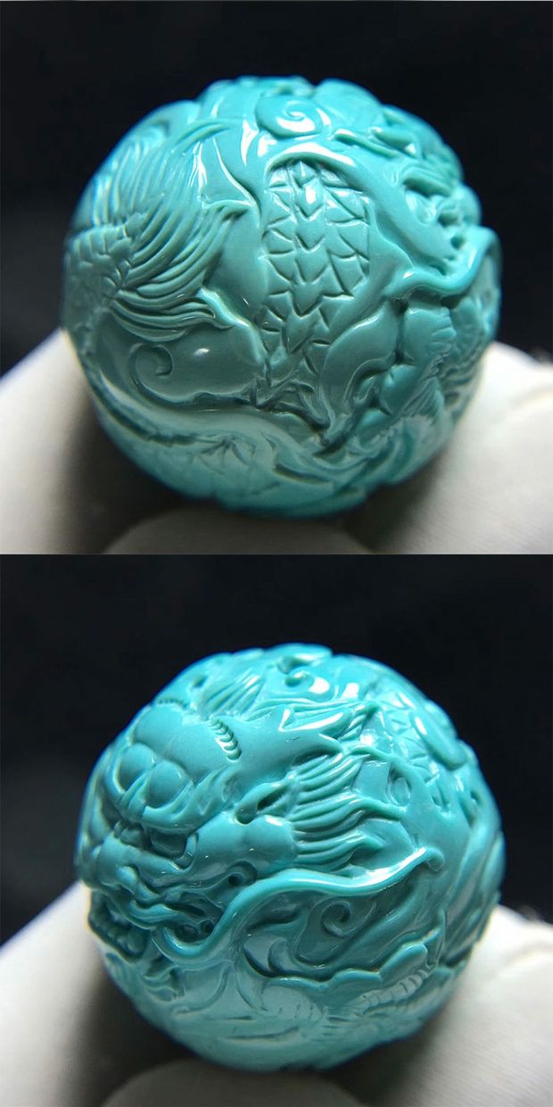 古珍湖北秦古原矿高瓷绿松石龙珠单珠散珠白蓝回纹珠雕刻圆珠金刚配饰