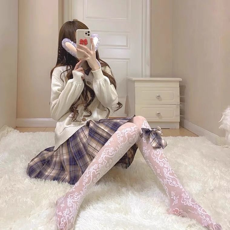 亚百鹿提花丝袜新款jk白丝萝莉洛丽塔袜软妹秋冬款花纹裤袜白色均码高