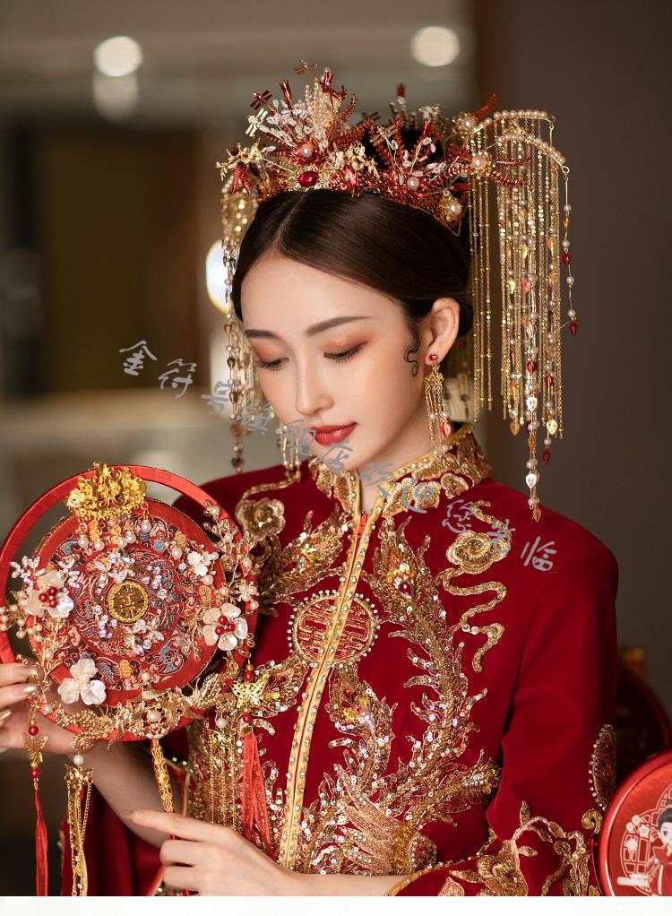 古典气质流苏凤冠蜻蜓红色精致古装秀禾服发饰品套装头饰套装简单包装