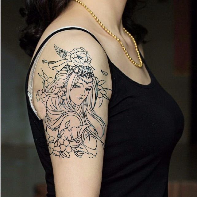 芭雅莲纹身贴割线虞姬刺青色新款艺花臂纹身贴滴泪艺伎纹身贴纸防水