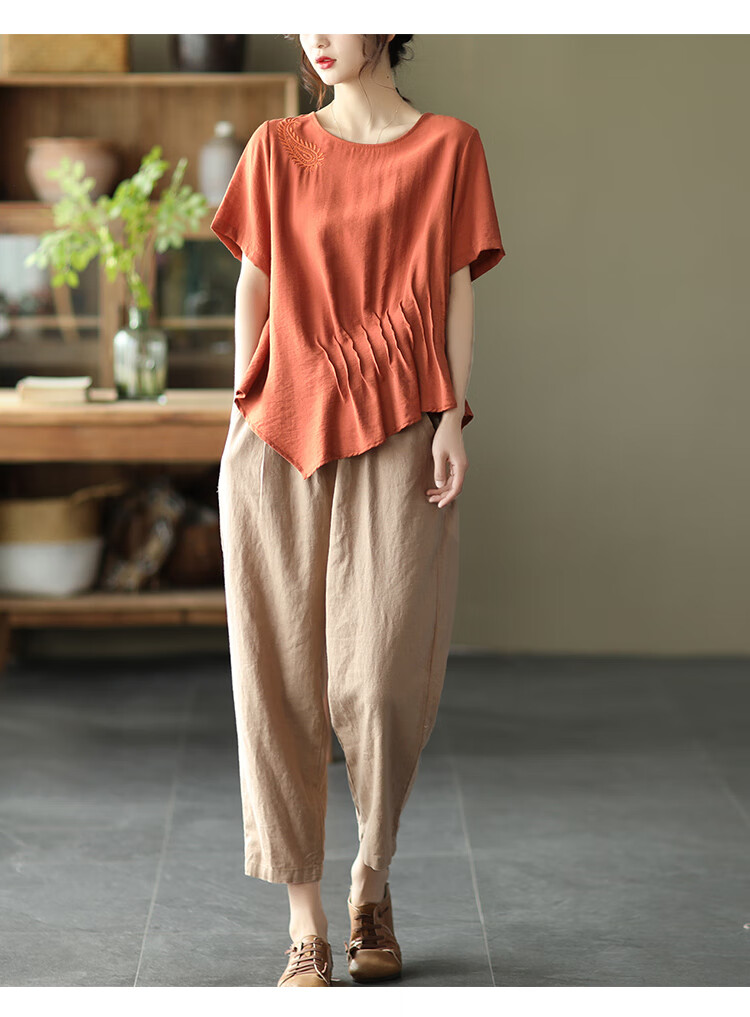 子牧棉麻2021夏装 女文艺纯色松紧腰显瘦九分休闲裤百搭小脚哈伦裤