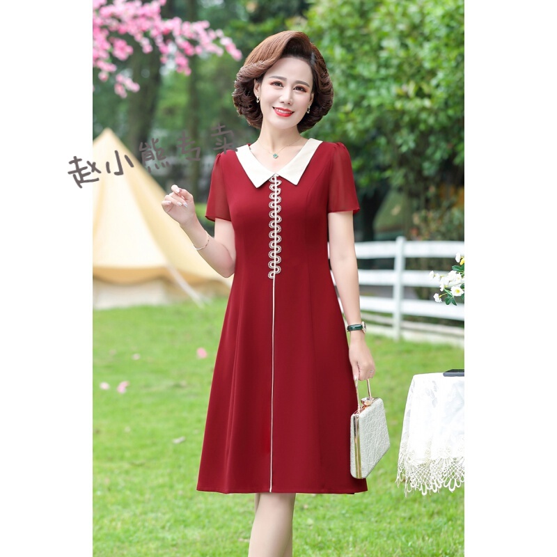 50岁妈妈穿的裙子时尚气质妇女连衣裙天 红色 【此款衣服版型偏小哦】