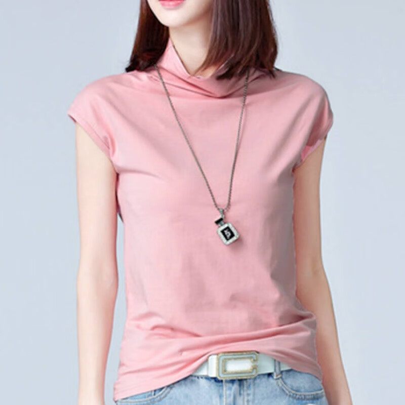 帕千雪短袖t恤女士衣服夏季上衣 半高领宽松短袖t恤女夏打底衫薄款