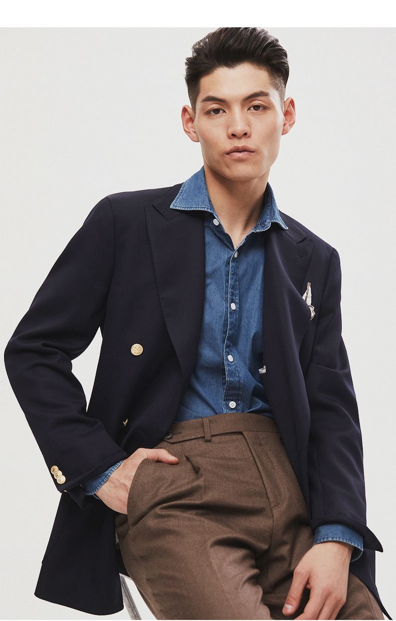 fullmonty2021春秋布雷泽双排扣西服男士休闲商务西装外套藏青色