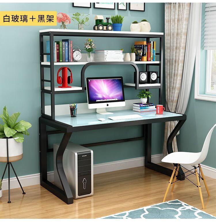 电脑桌台式家用钢化玻璃学生书桌一体经济型书桌简约现代组合桌白架白